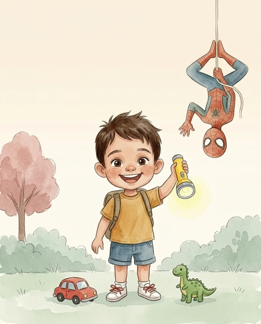 Portada de un cuento hecho con este manual: un niño con una linterna en un parque, y un héroe colgando de una cuerda sobre él.